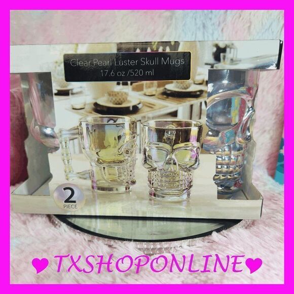 2 pc clear pearl luster skull mugs NEW - Picture 3 of 5